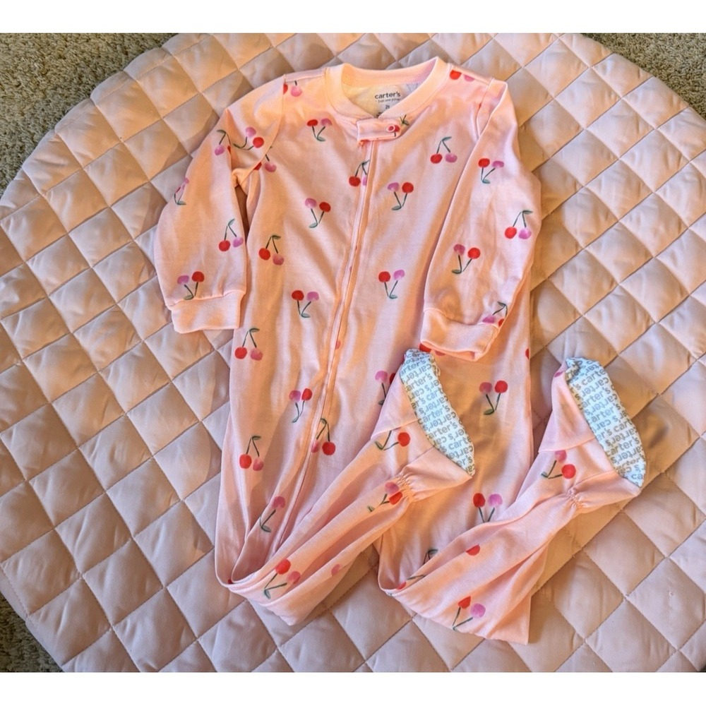 Carter's Girls Pink Cherry Cotton Knit Zip One-Piece Sleeper Pajamas 2T